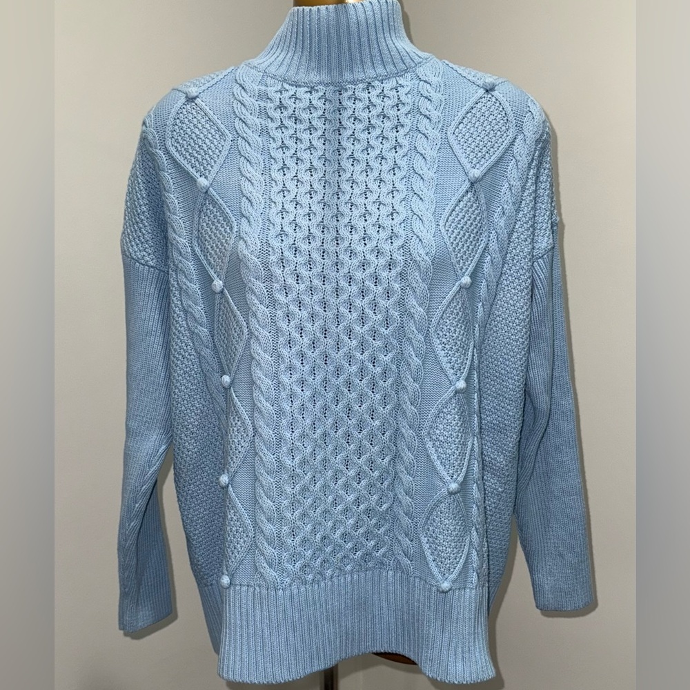 🍁👚 J.Crew Re-Imagined Light Blue Cable Knit 100% Cotton Turtleneck Sweater- XS♻️